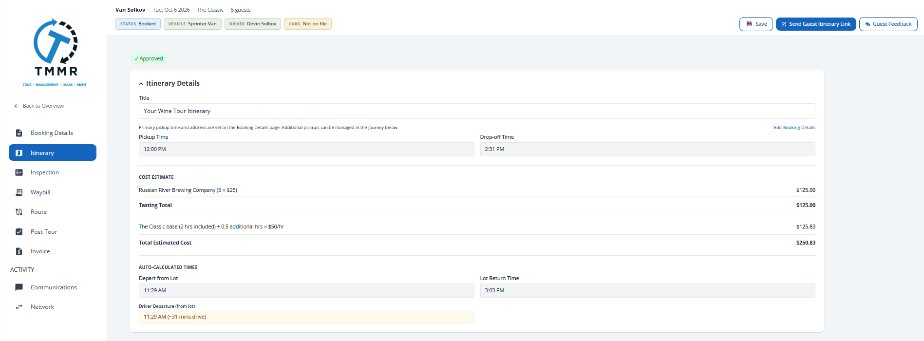 The Booking Workspace with the section nav on the left and status, vehicle, and driver chips in the header