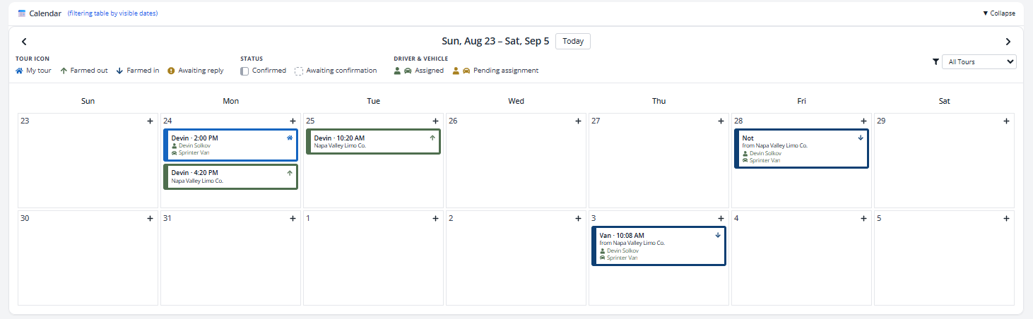 The calendar month view with ownership icons, colored borders, and the legend