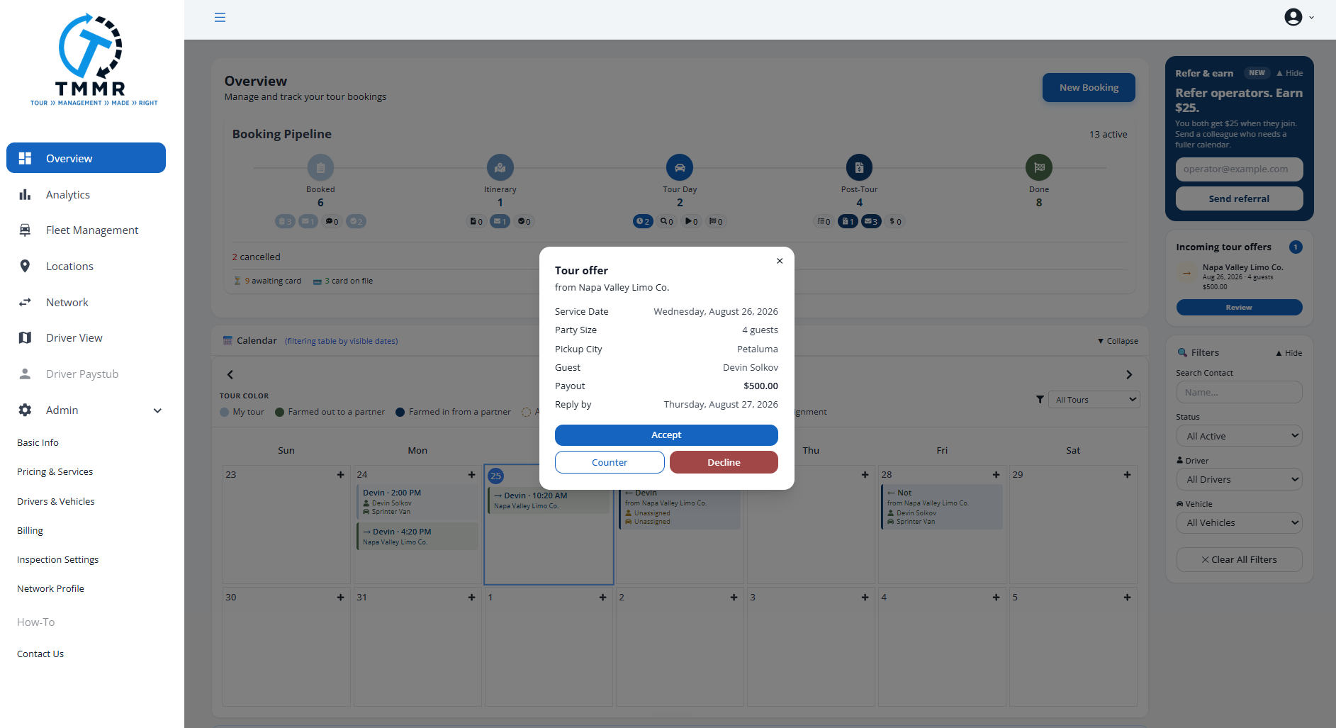 An incoming tour offer showing service date, party size, pickup city, payout, and a reply-by date