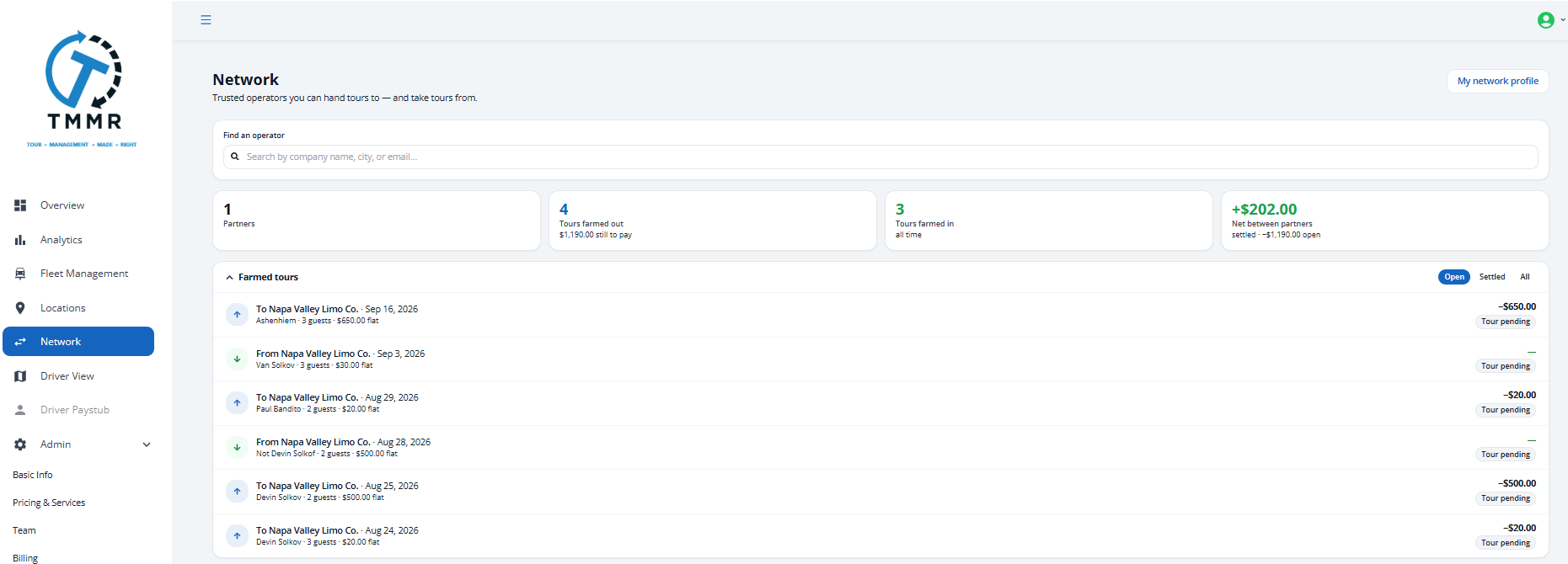 The Farmed tours ledger on the Network page with open and settled rows and payout amounts