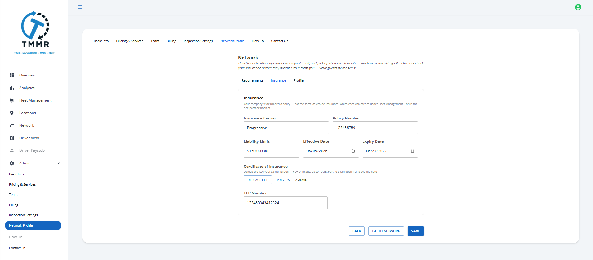 The compliance block on the Network Profile: carrier, policy, liability limit, expiry, COI, permits