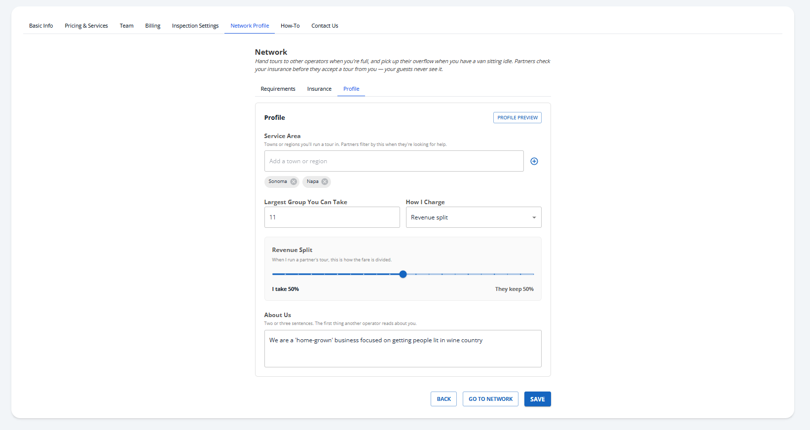 The Network Profile form with regions, max group size, payout terms, and bio