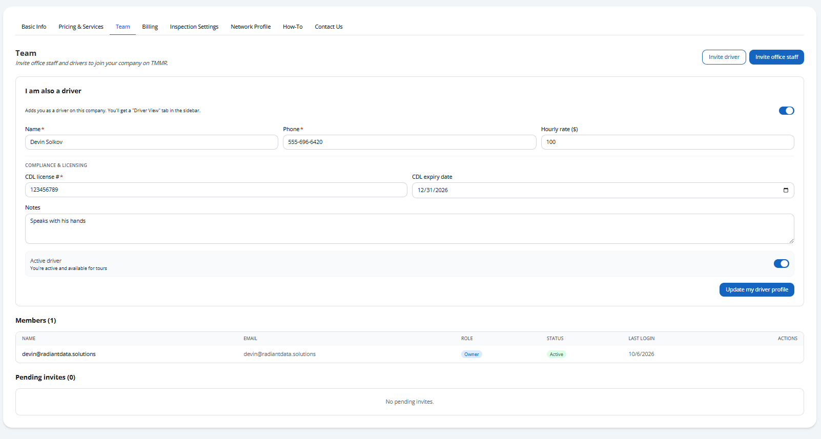 The Team page listing members with role badges and pending invites