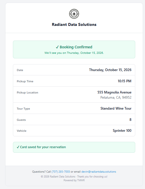 The guest's Booking Confirmed page showing the Card saved for your reservation line
