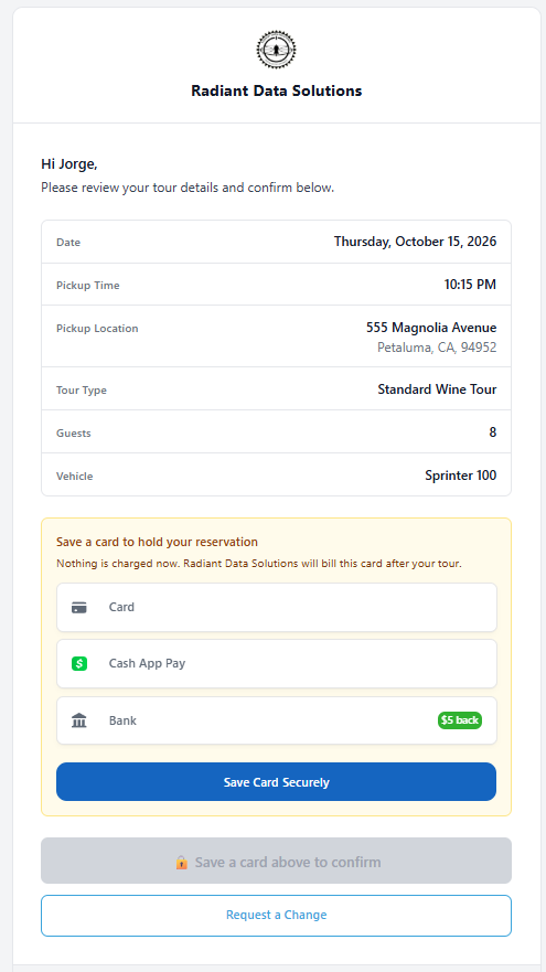 The guest confirmation page with the card entry box open and the Confirm button locked