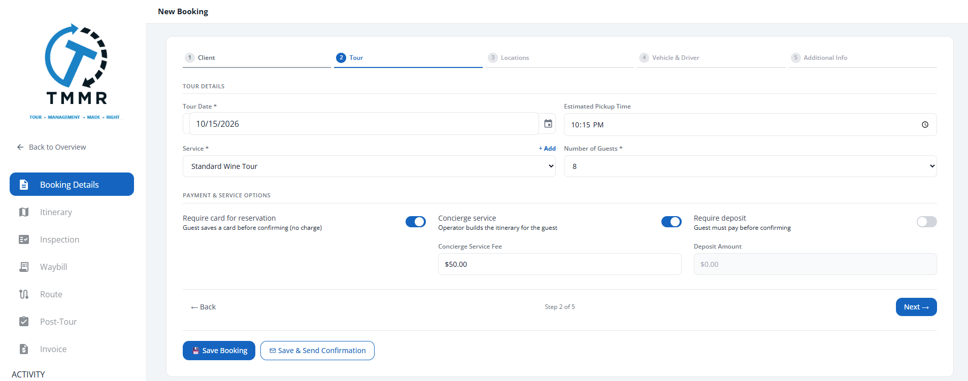 The booking form's Payment and Service Options with the Require card for reservation toggle switched on