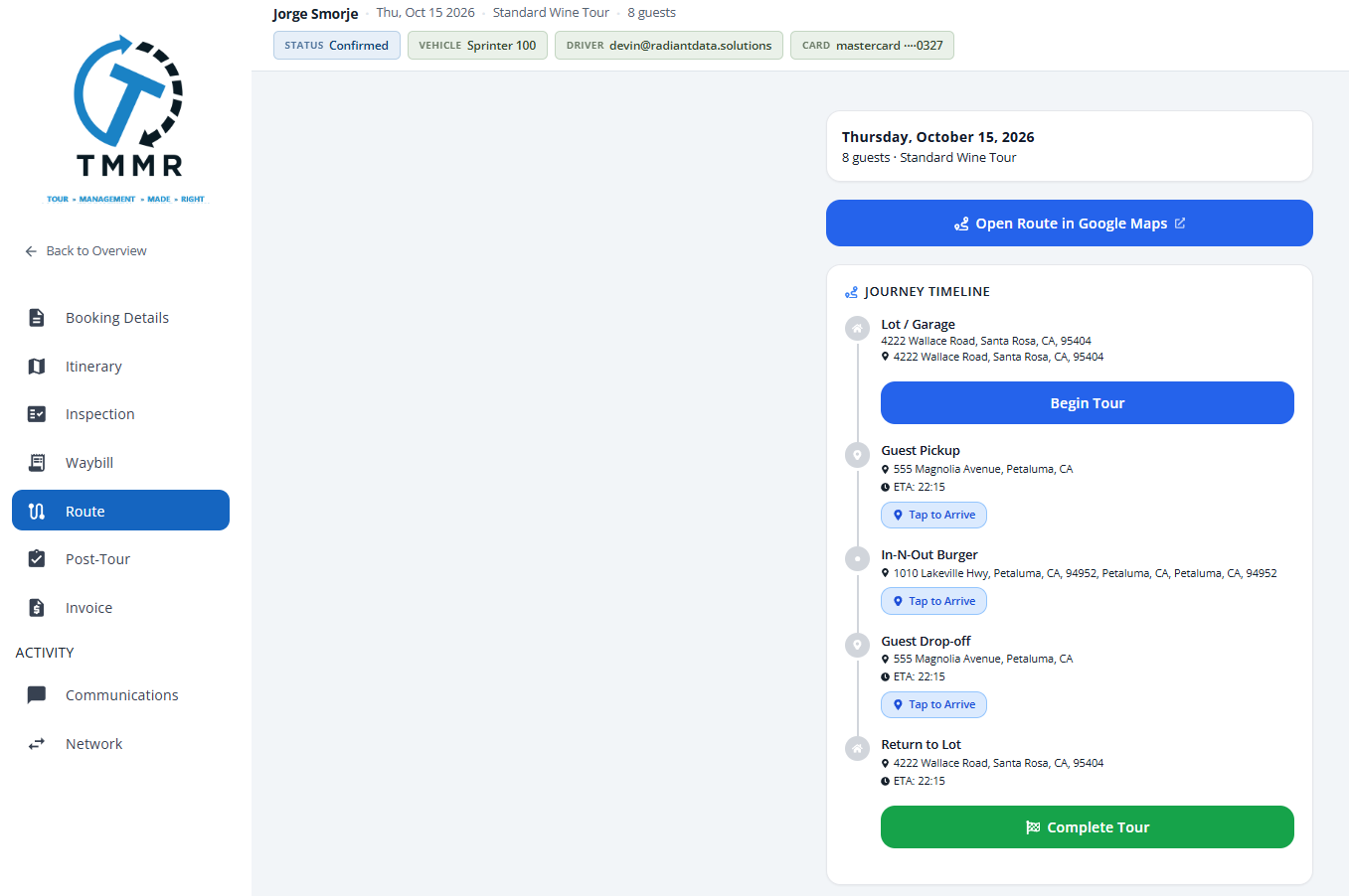 The Booking Workspace with the Route tab selected