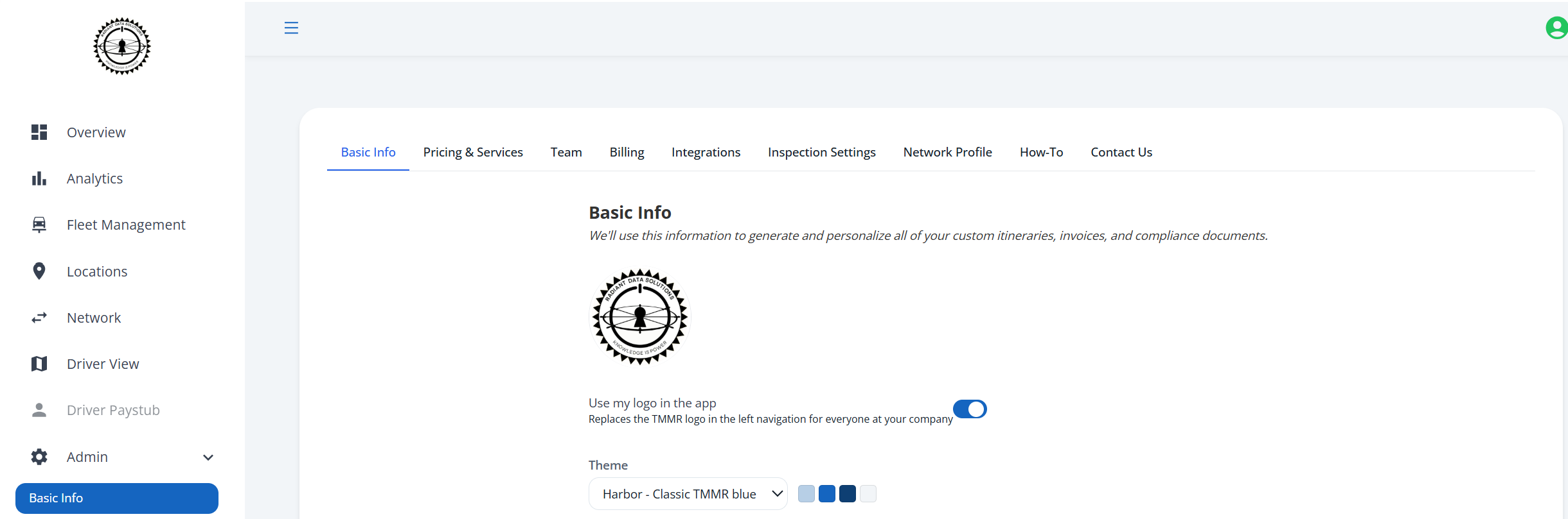 Admin Basic Info with a company logo in the navigation and on the page, the Use my logo in the app toggle on, and the Theme menu set to Harbor.