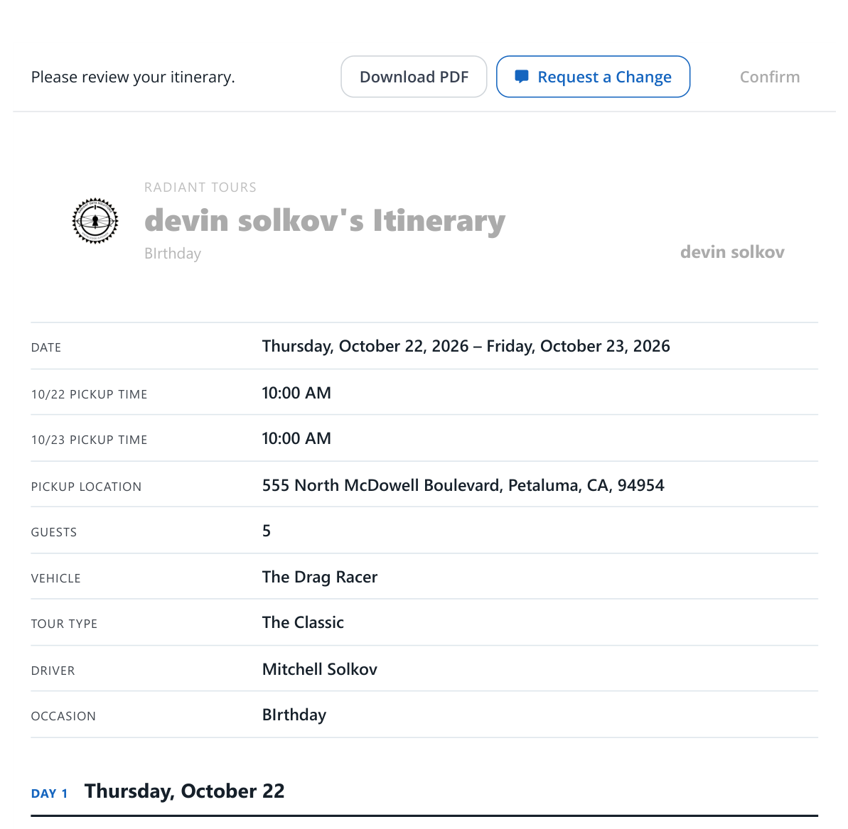 The guest's itinerary page. A top bar has Download PDF, Request a Change, and Confirm. Below it are the company logo, a summary table of dates, pickup times, pickup location, guests, and vehicle, then Day 1 of the route.