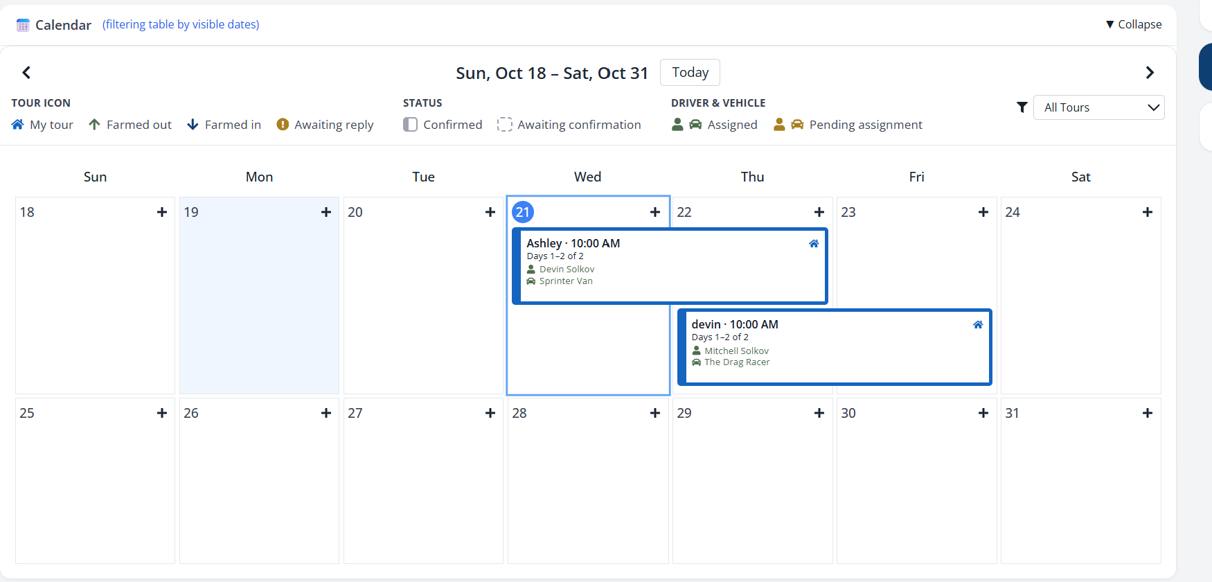 The calendar with two multi-day tours, each drawn as one bar across Wednesday and Thursday, labeled Days 1-2 of 2.
