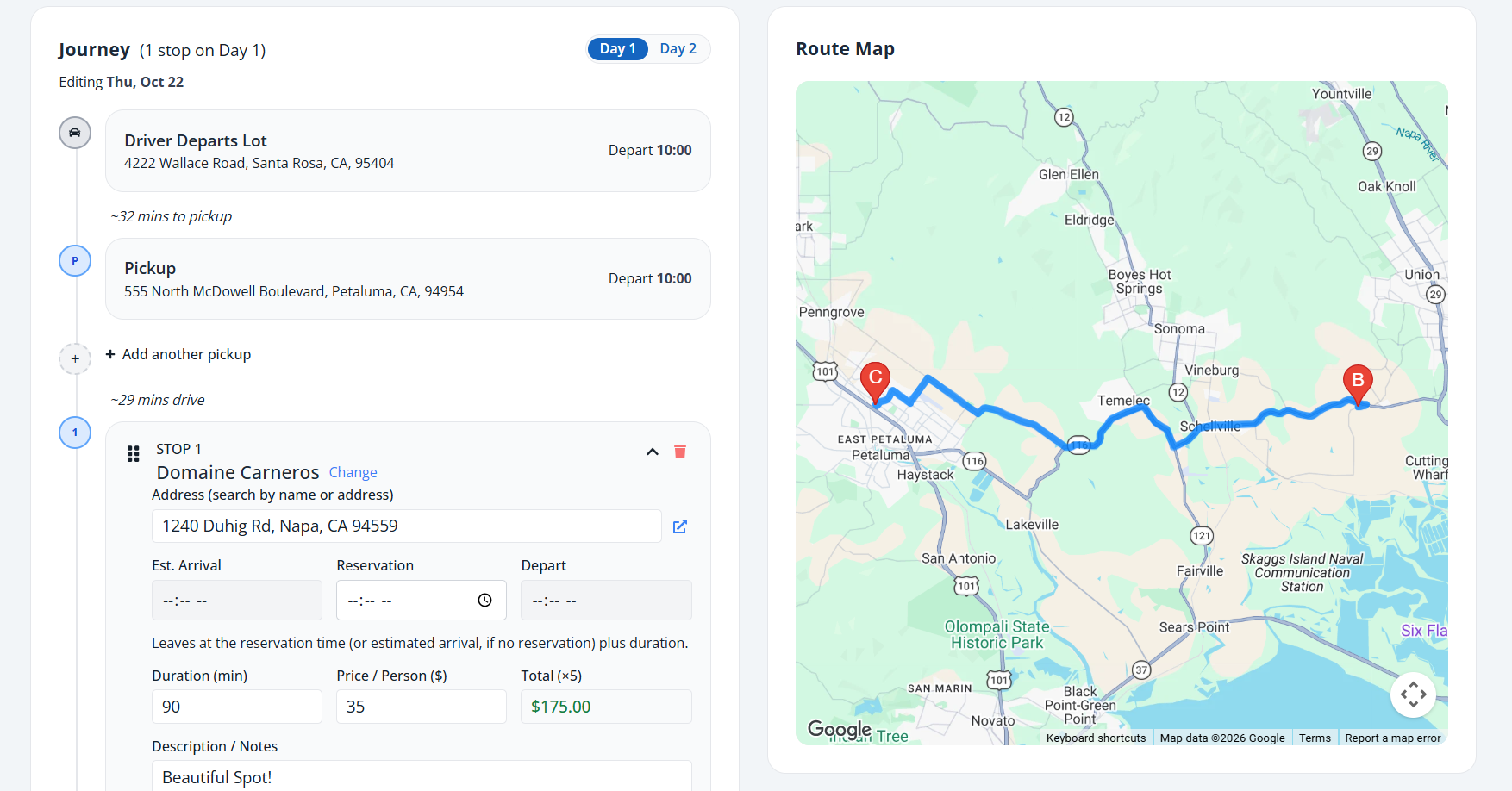 The Itinerary Builder with Day 1 and Day 2 tabs, the day's stops on the left and the route map on the right.