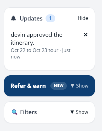 The Updates panel with one update: the guest approved the itinerary.
