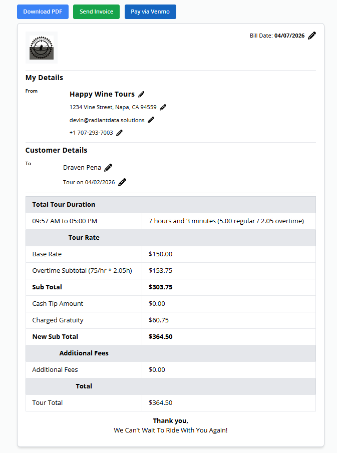 Tour software integrations invoice with accounting sync and export options