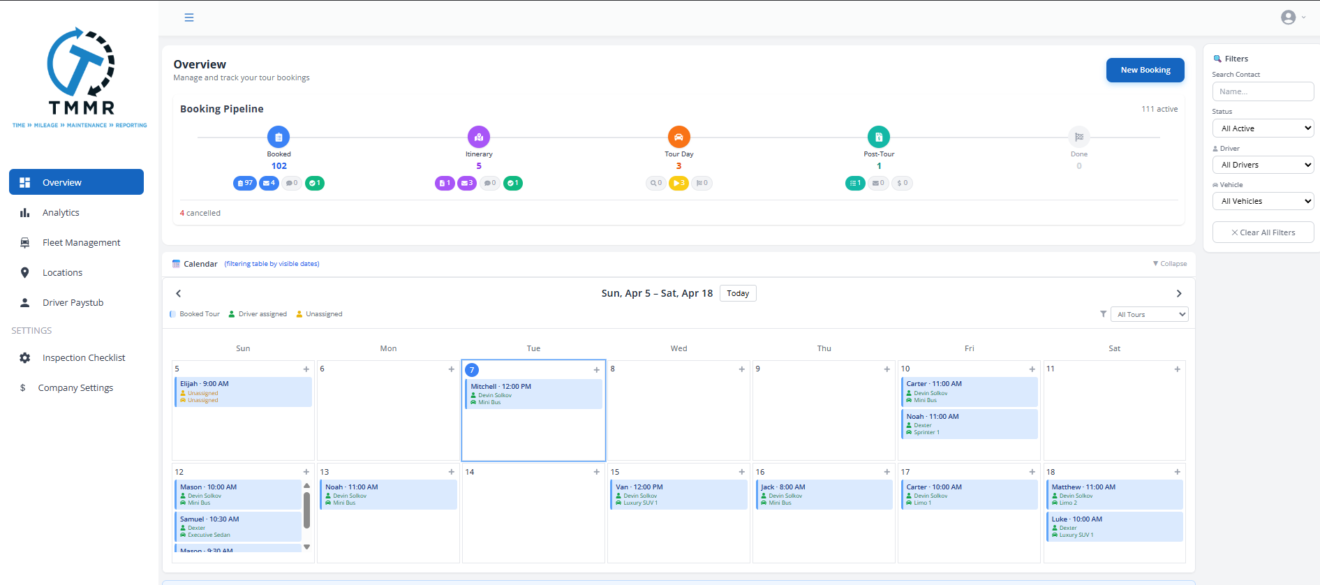 TMMR overview with the booking pipeline and a full calendar of tours